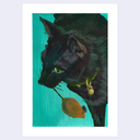 A vertical artwork featuring a painted black cat with yellow eyes wearing a gold collar, holding a brown leaf in its mouth, set against a bright turquoise background. 