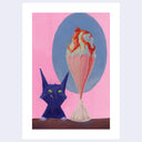 Illustration of a black cat looking at a tall ice cream cone with red cherry on top against a pink background.