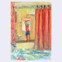 Drawing of a bathtub, full of water with a red shower curtain. In the background is a person undressing.