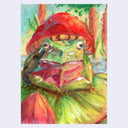Drawing of a frog on a lily pad with a mushroom hat.