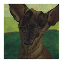 A painted portrait of a dog with large ears, dark brown and tan fur, and an open mouth showing teeth, set against a green and yellow background.