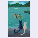 Painting of 2 cats, seen from the back, sitting on a stone wall watching 2 people on surfboards paddling out in a clear water ocean.