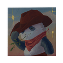 Panda bear wearing a cowboy hat and red bandana, tipping down its hat and chewing on a branch like a toothpick while smiling.
