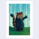 Illustration of a red panda in a forest setting, standing with its thumb up.