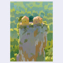 Plein air painting of a large pillar of land with 2 small houses atop of it. Background is all greenery, dense with plants and trees.