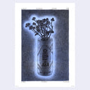 Soft graphite drawing on lilac blue background of a can of a Korean beverage, holding a bouquet of small daisies. Text around the piece reads "Light flows over me like warm water."