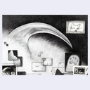 Black and white graphite illustration of a cat's claw, very close up so only the shape of a crescent over fur is seen. In front are many thumbnails of cartoon cats.