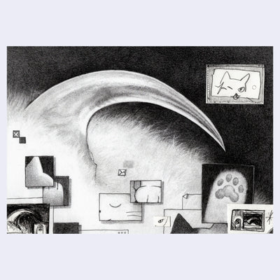 Black and white graphite illustration of a cat's claw, very close up so only the shape of a crescent over fur is seen. In front are many thumbnails of cartoon cats.
