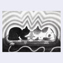 Graphite illustration of 2 cartoon cats, resting on a heating pad with cat shaped outlines radiating out from. them.