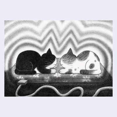 Graphite illustration of 2 cartoon cats, resting on a heating pad with cat shaped outlines radiating out from. them.
