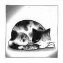 Softly rendered graphite illustration of a calico cat, in a simplistic cartoon style. It lays on the ground, wrapped into itself while resting. 