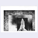 Graphite illustration of many squares, superimposed upon one another. The main square has a small child's hand touching palms with an adult's hand.  