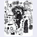 Many ink drawings on paper of a girl sitting with a half circle of vines overhead, among doodles of ghosts, flowers and people.