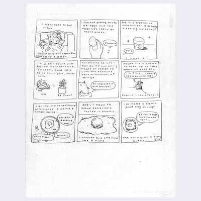 9 panel line art comic about a girl buying expensive eggs.