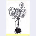 Black line drawing of a vase with flowers on a white background