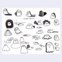 Illustrations of various ghost-like characters with different expressions and text on a white background.