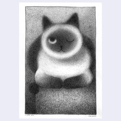 Softly rendered graphite illustration of a cat, mostly white with a dark face, ears and paws resting on a surface with one eye open, the other closed.