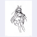 Line drawing of an anime character, posing with a peace sign and holding an object over her shoulder