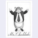 Graphite illustration of a cartoon mouse, dressed as a business man standing on his feet with his hands out.