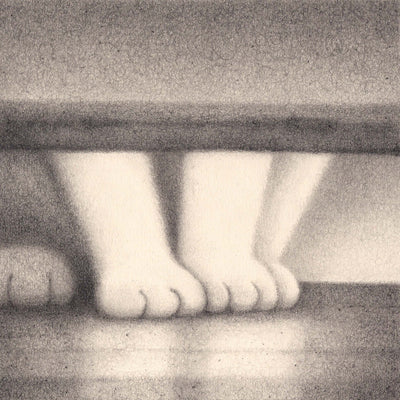 Illustration of cat feet standing on a wooden floor with a neutral background