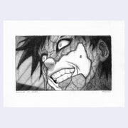 Graphite illustration of Gaara from Naruto, a close up of his face as part of it is cracked off to reveal sand underneath. He has a scary expression with gritted teeth and wide eyes.