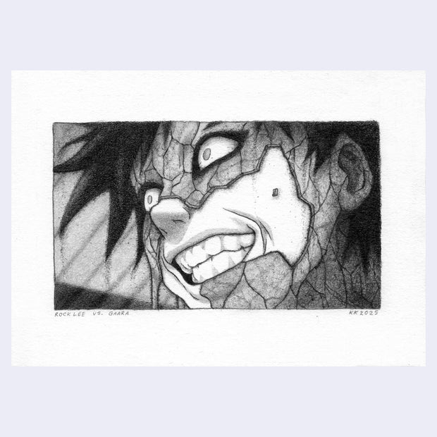 Graphite illustration of Gaara from Naruto, a close up of his face as part of it is cracked off to reveal sand underneath. He has a scary expression with gritted teeth and wide eyes.