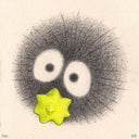 Graphite illustration of a soot sprite, holding a yellow star.