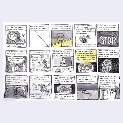 15 panel greyscale comic about a girl spiraling and trying to practice grounding techniques. 