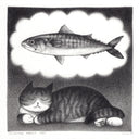 Softly rendered graphite illustration of a cat, laying down and dreaming about a large mackerel fish. The cat is depicted in a cartoonish manner and the fish is rendered realistically. 