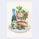 Illustration of a club sandwich with flowers and a bottle on a plate, like a still life.