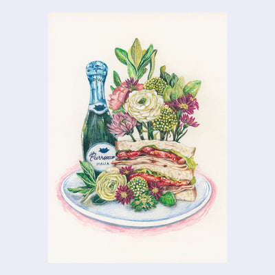 Illustration of a club sandwich with flowers and a bottle on a plate, like a still life.