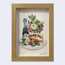 Illustration of a club sandwich with flowers and a bottle on a plate, like a still life. Piece is framed.