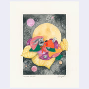 Illustration of a gray cartoon rabbit, wearing a red apron around the waist and laying atop a pile of cushions and yellow leaves. A large yellow moon and a dark sky is behind it.