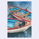 Painting of 2 rowboats, floating atop of sparkling blue water and with the fronts of both touching one another. In the rowboat closest to the viewer sits a black and white cat.