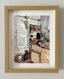 Colored pencil illustration of a cafe setting with 3 small cats sitting around it. A large cafe menu on the wall shows a list of drinks and baked goods. Piece is framed.