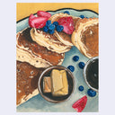 Painting of a close up shot of a plate of pancakes, with 5 pancakes fanned out and strawberries and blueberries atop of them and around them.