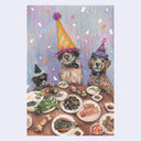 Colored pencil illustration of 2 dogs, different sizes though all fluffy and brown, sitting at a table with various Korean bbq style foods in front of them. They each wear a party hat with frills and confetti coming down.
