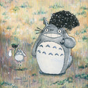 Illustration of Totoro, standing with an umbrella made out of soot sprites. Next to him is a chibi Totoro jumping into the air.