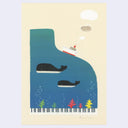 Illustration of whales and a ship on a piano keyboard with trees, set against a beige background.