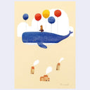 Illustration of a whale with colorful balloons and small houses on a yellow background