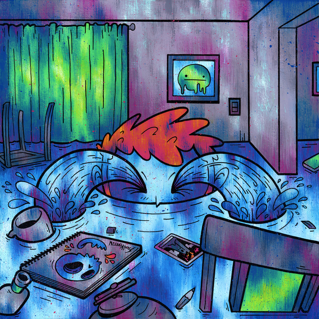 Painting done in mostly blue, green and purples of a person's head popping up form the floor of a living room. They cry streams of water and have overturned items all around them. Various art supplies and furniture sink into the water covered floor.