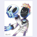 Colored pencil illustration of a person pulling a skull shaped mask off their face.