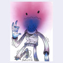 Pencil illustration of a person wearing a leather jacket and torn knee jeans, with no head aside from an explosion of blue and pink coloring and a concerned expression.