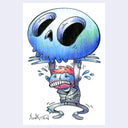 Drawing of a man in a leather jacket and jean pants, struggling under the weight of a giant blue skull he holds over his head.