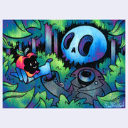 Colorful illustration of a character with a blue skull-like head in a forest setting. It holds a bit apple, revealing a smiley face in the apple