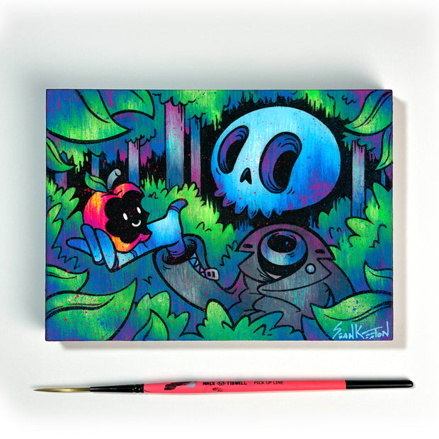 Colorful illustration of a character with a blue skull-like head in a forest setting. It holds a bit apple, revealing a smiley face in the apple