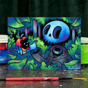Colorful illustration of a character with a blue skull-like head in a forest setting. It holds a bit apple, revealing a smiley face in the apple.