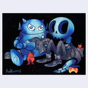 Painting of a cartoon blue skeleton wearing a leather jacket and jeans, sitting on the ground next to blue toy robot reading an issue of Giant Robot magazine. Small art figures are around the scene.