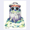 Colored pencil illustration of a person sitting inside of a trashcan, which overflows with green muck.