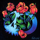Painting of a bright blue skull with orange and red roses growing out of the eyes.